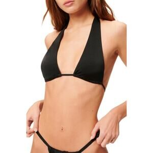 Good American Bikini Top Womens Size 5 18/20 Satin Ruched Halter Black Swim